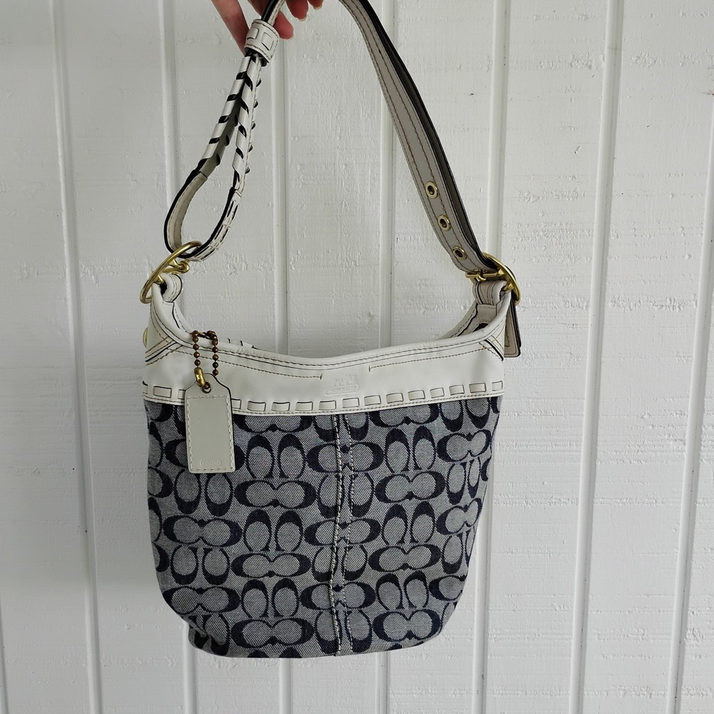 Coach Bleecker Signature Denim Canvas White Leather Bucket Bag Duffle 11586 VTG